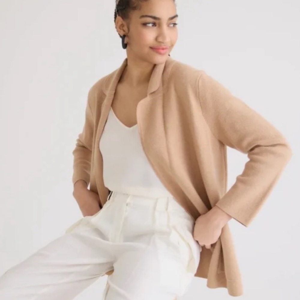 J. Crew Eloise Open Front Sweater Knit Blazer Jacket Minimalist Preppy Tan XL